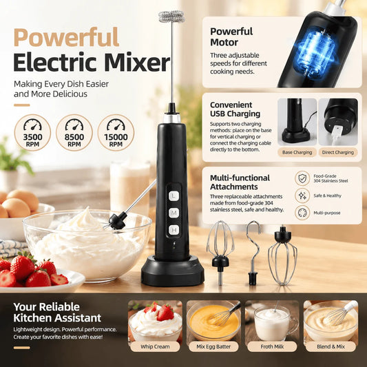 Mini USB Rechargeable Electric Mixer and Milk Frother, Handheld Whisk with 3 Speed Settings and Multiple Attachments for Coffee Cappuccino Latte Matcha Egg White Smoothie Whipping Cream, Portable Kitchen Tool for Mixing, Baki