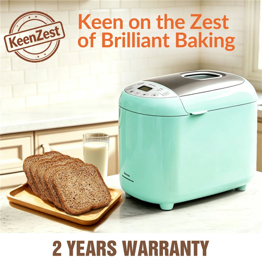 KeenZest 19-in-1 Mint Green Compact Bread Machine, 2LB Whole Wheat Breadmaker with Homemade Cycle, Gluten Free Setting & Recipes