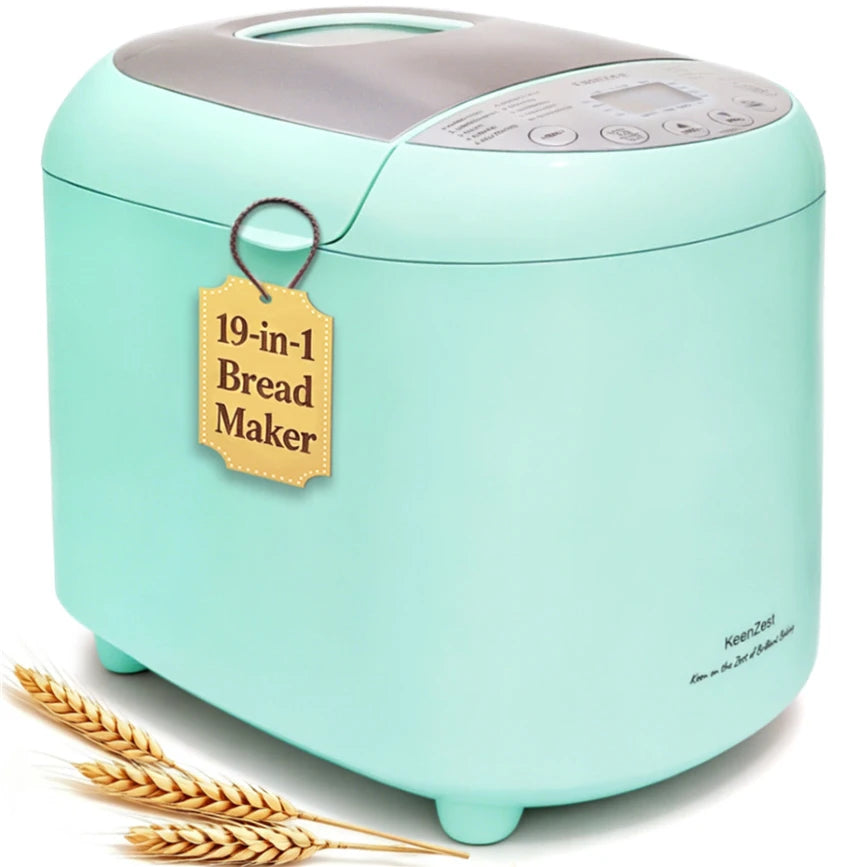 KeenZest 19-in-1 Mint Green Compact Bread Machine, 2LB Whole Wheat Breadmaker with Homemade Cycle, Gluten Free Setting & Recipes
